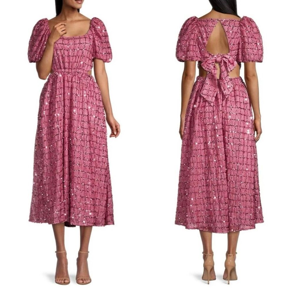 NWT Elliatt Womens Aubree Sequins Puff Sleeve A-Line Midi Dress Size Large $220
